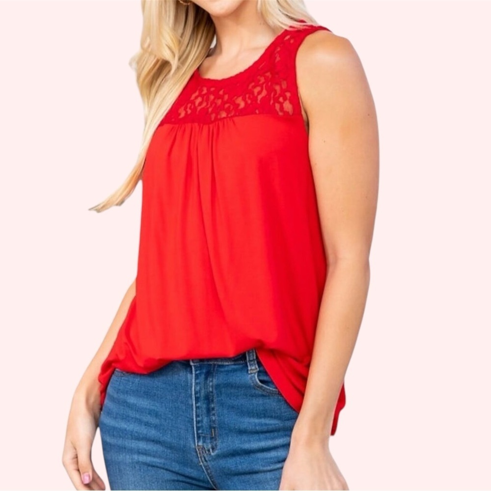 3/$20 Old Navy Red Lace Yoke Swing Tank CherrySleeveless Keyhole Button Closure